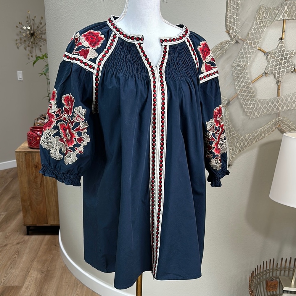 Embroidered Navy Tunic Top with Red Floral Embroidered Accents
